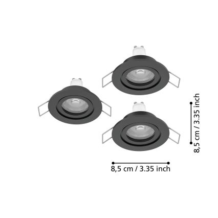 Eglo - Set om 3 LED-infällda badrumsspotlights 1xGU10/4,5W/230V IP44 svart