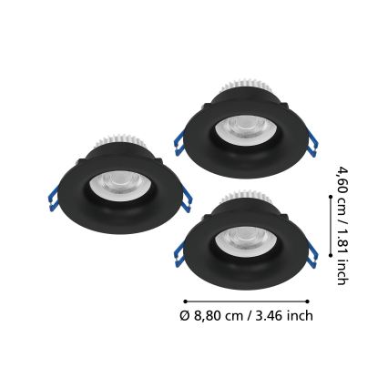 Eglo - 3-pack LED infälld badrumsarmatur LED/4,9W/230V 2700/4000/6500K Ø 8,8 cm IP65 svart