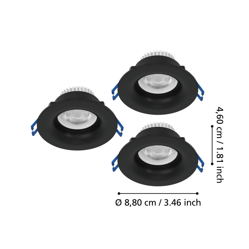 Eglo - 3-pack LED infälld badrumsarmatur LED/4,9W/230V 2700/4000/6500K Ø 8,8 cm IP65 svart