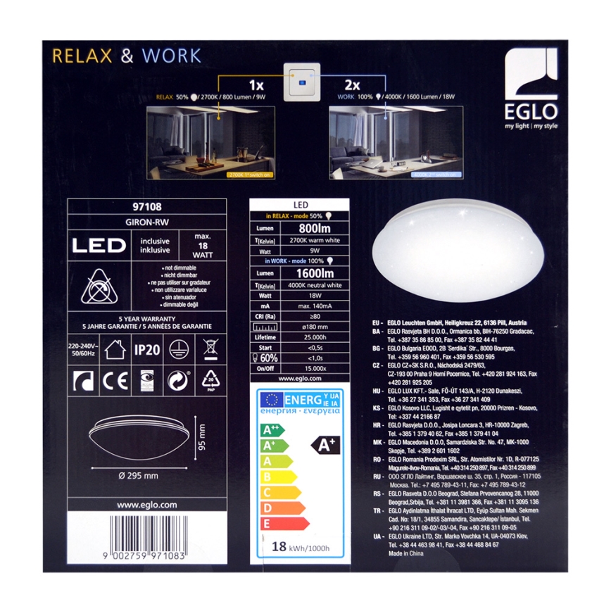 Eglo 97108 - LED Takbelysning GIRON-RW 1xLED/18W/230V 2700K-4000K