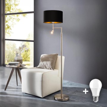 Eglo - LED golvlampa TUNJA 1xE27/60W/230V + LED/2,1W Ø 38 cm mattkrom/svart