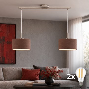 Eglo - LED pendellampa på vajer TUNJA 2xE27/60W/230V mattkrom/brun