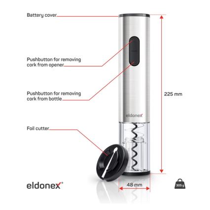 ELDONEX EWO-2200-SL - Elektrisk vinöppnare 4xAA matt krom