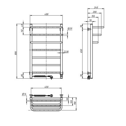 Elektrisk handdukstork med termostat FORTIS 155 W 80 x 48 cm, svart, högerutförande