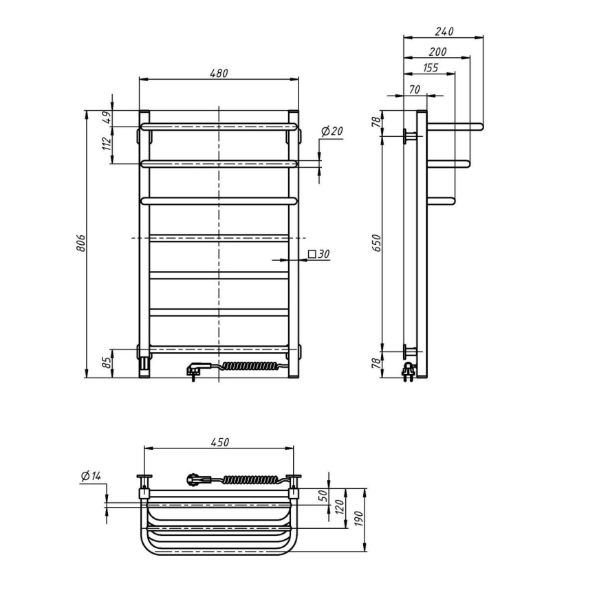 Elektrisk handdukstork med termostat FORTIS 155W 80x48 cm IP44 vit, höger