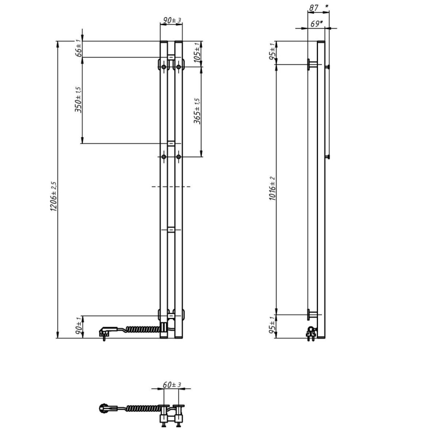 Elektrisk handdukstork med termostat SILOUETTE 70W 120x9 cm svart höger