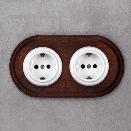 Elhard - Dubbelt keramiskt retro-vägguttag för hemmet med ram SCHUKO 230V vit/mörkt trä