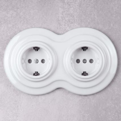Elhard - Dubbelt keramiskt retro vägguttag för hemmet med ram SCHUKO 230V vit