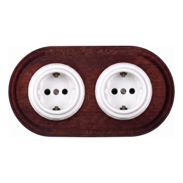 Elhard - Dubbelt keramiskt retro-vägguttag för hemmet med ram SCHUKO 230V vit/mörkt trä