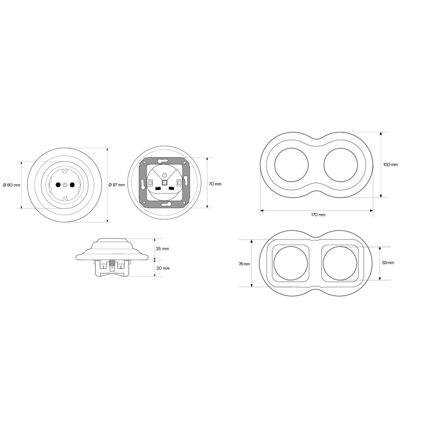 Elhard - Dubbelt keramiskt retro-vägguttag med ram SCHUKO 230V svart