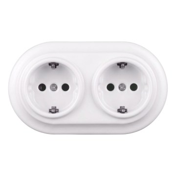 Elhard - Dubbelt keramiskt uttag i retrostil för hushåll med ram, SCHUKO 230V, vitt