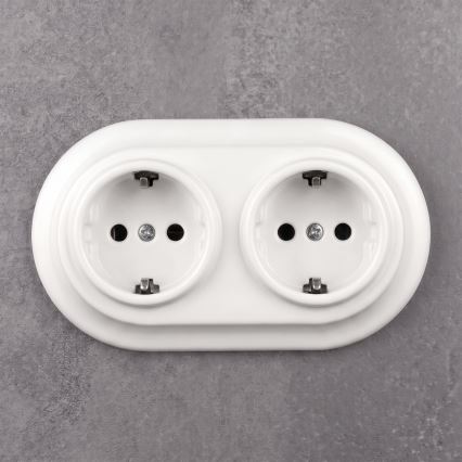 Elhard - Dubbelt keramiskt uttag i retrostil för hushåll med ram, SCHUKO 230V, vitt