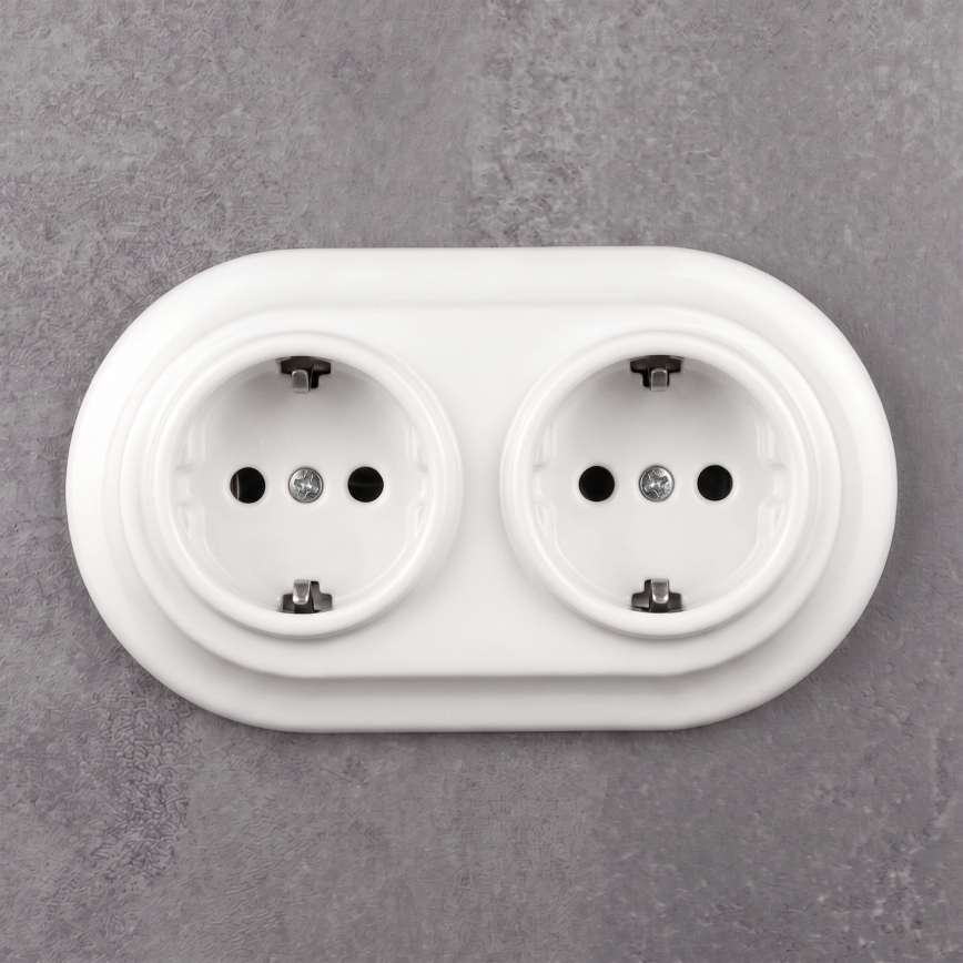Elhard - Dubbelt keramiskt uttag i retrostil för hushåll med ram, SCHUKO 230V, vitt
