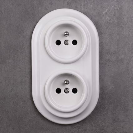 Elhard - Dubbelt keramiskt uttag i retrostil för hushåll med ram, SCHUKO 230V, vitt