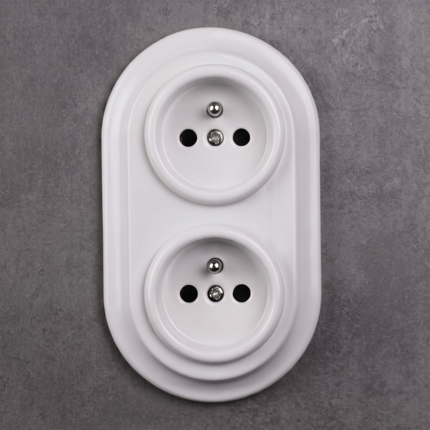 Elhard - Dubbelt keramiskt uttag i retrostil för hushåll med ram, SCHUKO 230V, vitt