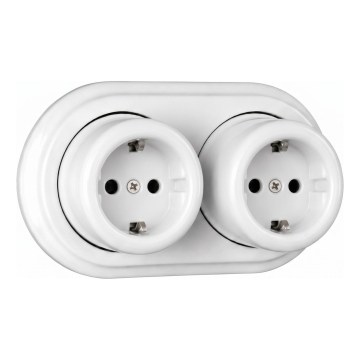 Elhard - Dubbelt vägguttag i keramik, retrostil med ram, SCHUKO 230V, vitt
