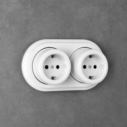 Elhard - Dubbelt vägguttag i keramik, retrostil med ram, SCHUKO 230V, vitt
