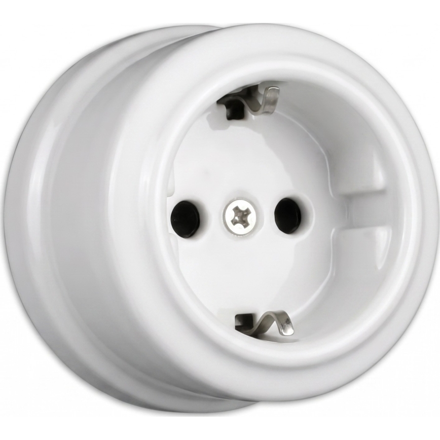 Elhard - Dubbelt vägguttag i keramik, retrostil med ram, SCHUKO 230V, vitt