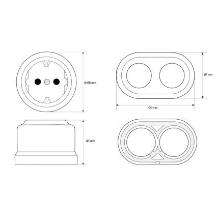 Elhard - Dubbelt vägguttag i keramik, retrostil med ram, SCHUKO 230V, vitt