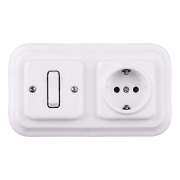 Elhard - Keramisk retro enpolig strömbrytare nr. 1 och SCHUKO 230V-uttag med ram i vitt