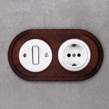 Elhard - Keramisk retroströmbrytare nr. 1 och 230 V-uttag med SCHUKO-ram vit/mörkt trä