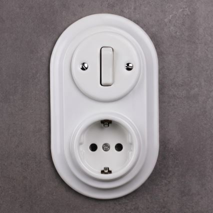 Elhard - Keramisk retroströmbrytare nr 1 och 230V-uttag med SCHUKO-ram, vit