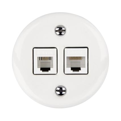 Elhard - Keramiskt retro nätverksuttag för vägg, 2x RJ45, vitt