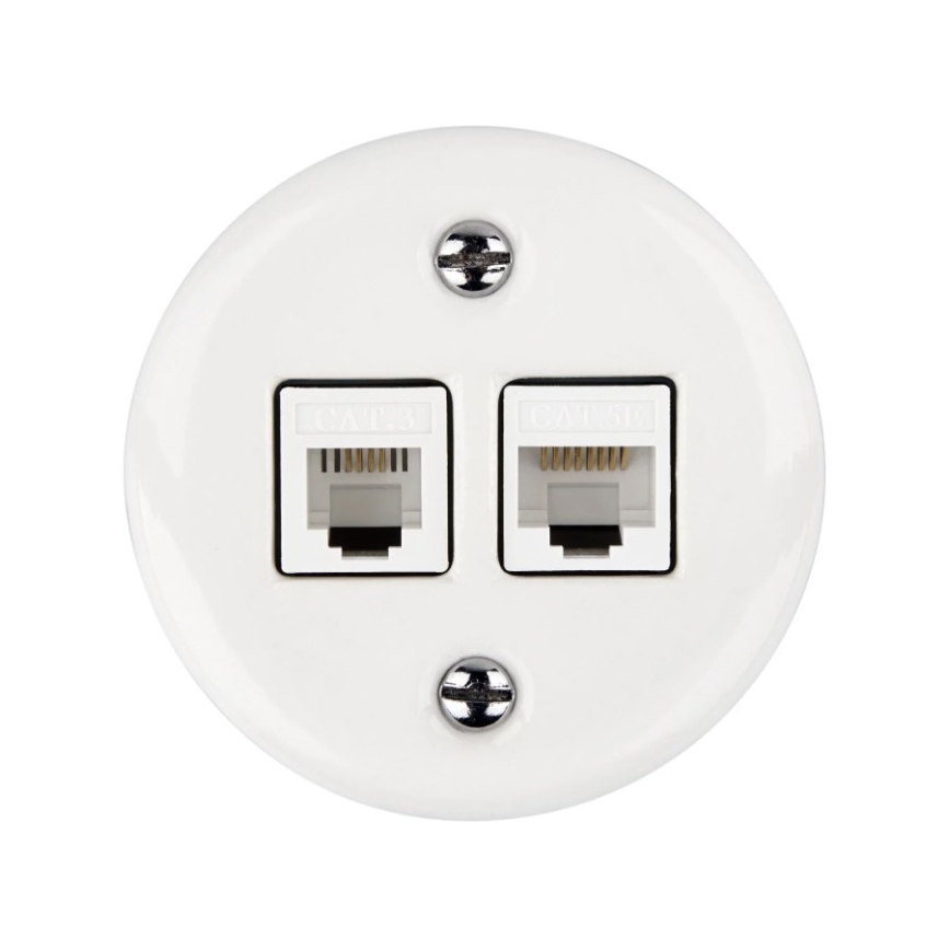 Elhard - Keramiskt retro nätverksuttag för vägg, 2x RJ45, vitt