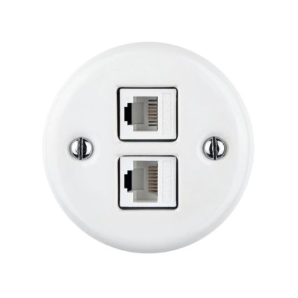 Elhard - Keramiskt retro nätverksuttag för vägg, 2x RJ45, vitt
