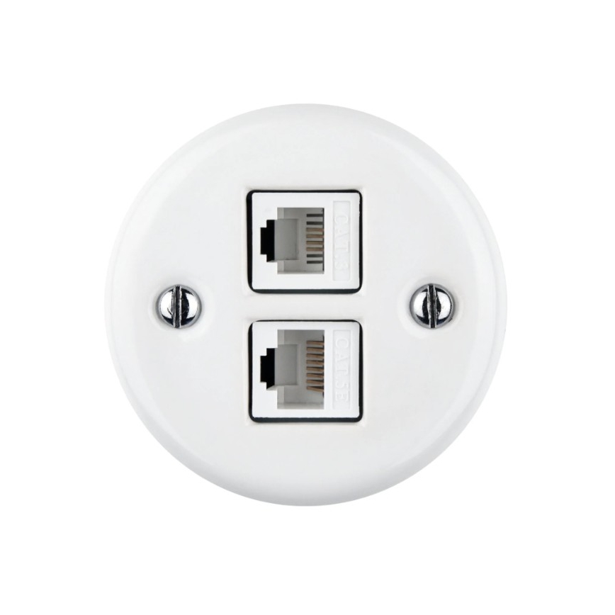 Elhard - Keramiskt retro nätverksuttag för vägg, 2x RJ45, vitt