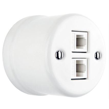 Elhard - Keramiskt retro nätverksuttag för vägg, 2x RJ45, vitt