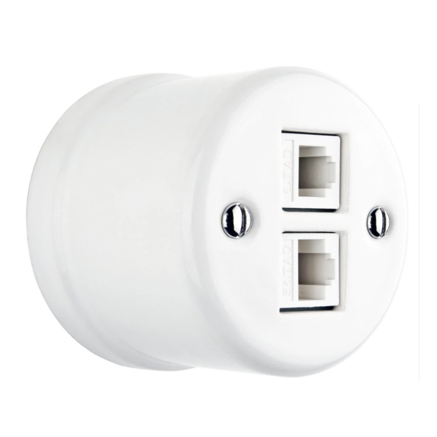 Elhard - Keramiskt retro nätverksuttag för vägg, 2x RJ45, vitt