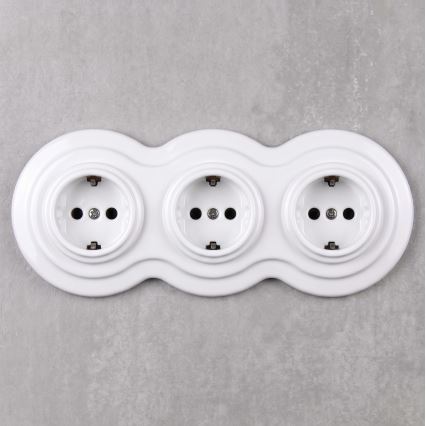 Elhard - Keramiskt retro trippeluttag för hemmabruk med ram SCHUKO 230V vit