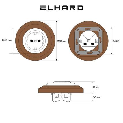Elhard - Keramiskt retrovägguttag med ram SCHUKO 230V svart/mörkt trä