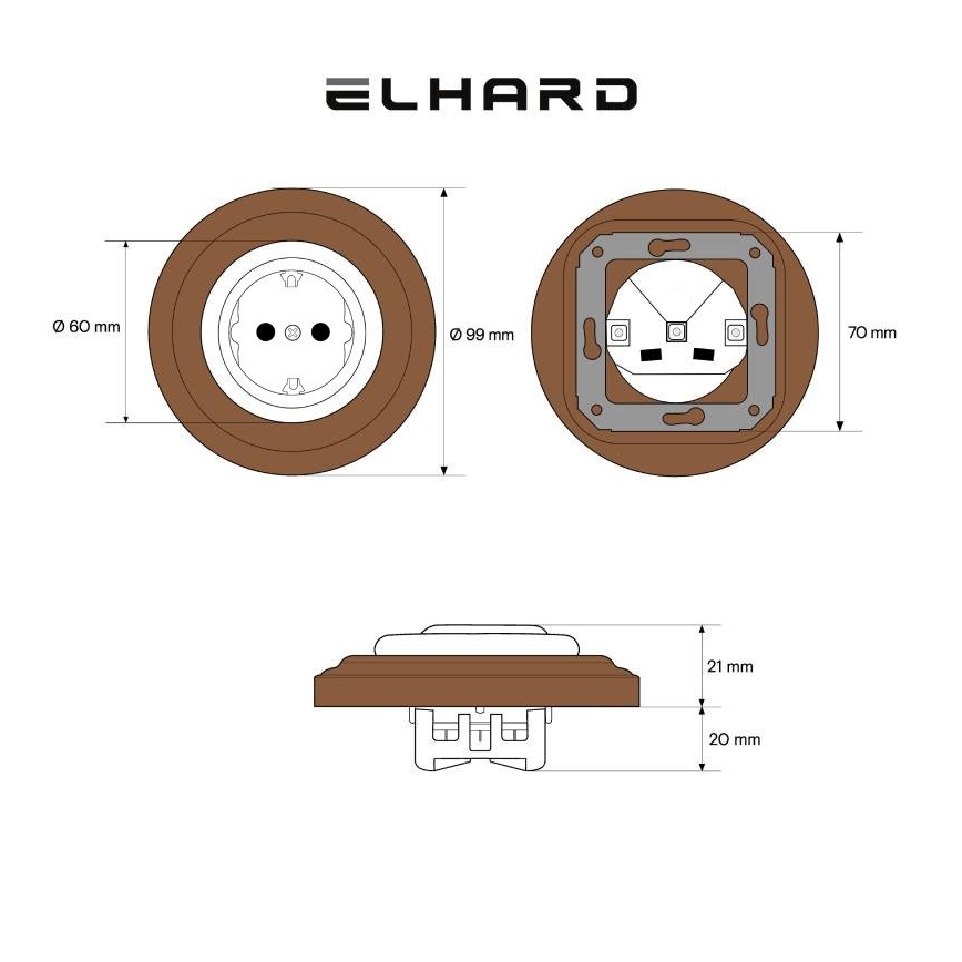 Elhard - Keramiskt retrouttag för hushållet med ram SCHUKO 230 V vit/mörkt trä