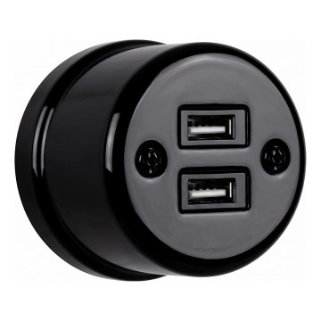Elhard - Keramiskt retrovägguttag med 2x USB-A, svart