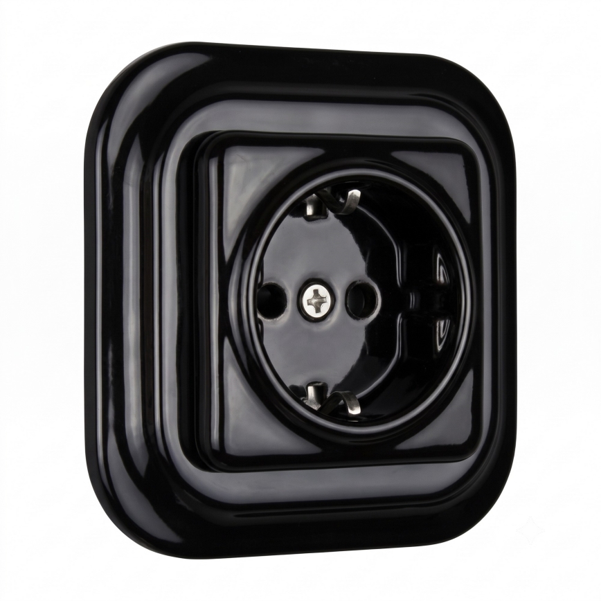 Elhard - Keramiskt uttag i retrodesign med ram för hemmet, SCHUKO 230 V, svart