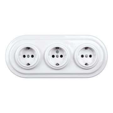 Elhard - Trippel keramikuttag i retrostil för hemmet med ram, SCHUKO 230V, vit