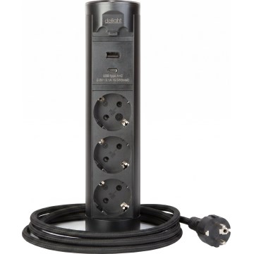 Elkolonn för bordsskiva 3×230 V + USB-A + USB-C, svart