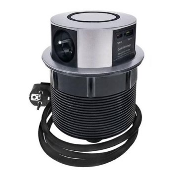 Elutagsstolpe för bordsskiva 3x230V + 2xUSB + trådlös laddning