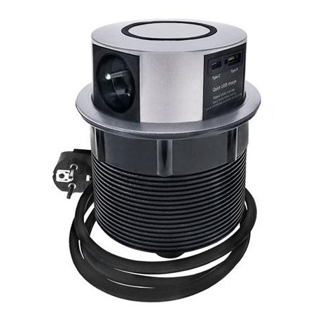 Elutagsstolpe för bordsskiva 3x230V + 2xUSB + trådlös laddning