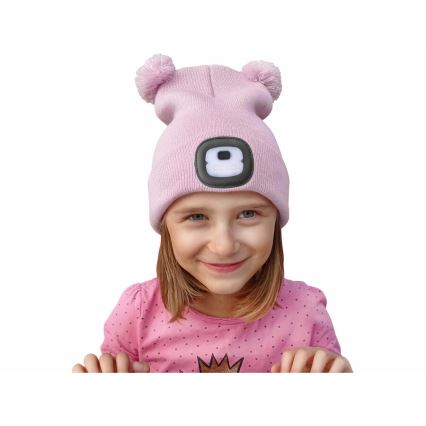 Extol - Barnmössa med pannlampa och USB-uppladdning 250 mAh, rosa med pom-poms, barnstorlek