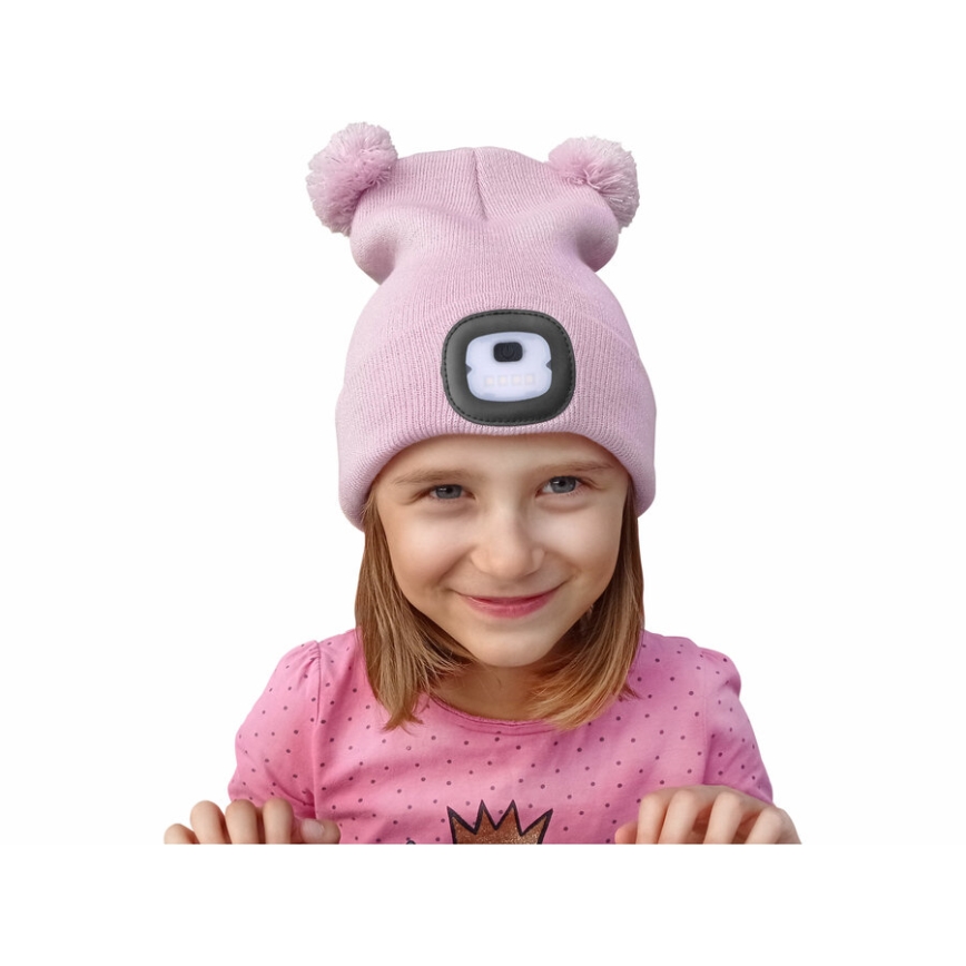 Extol - Barnmössa med pannlampa och USB-uppladdning 250 mAh, rosa med pom-poms, barnstorlek