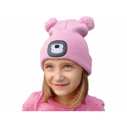 Extol - Barnmössa med pannlampa och USB-uppladdning 250 mAh, rosa med pom-poms, barnstorlek
