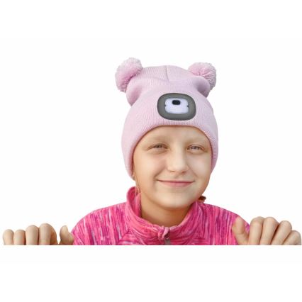 Extol - Barnmössa med pannlampa och USB-uppladdning 250 mAh, rosa med pom-poms, barnstorlek