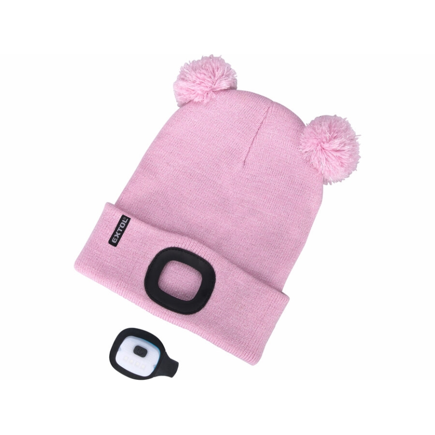 Extol - Barnmössa med pannlampa och USB-uppladdning 250 mAh, rosa med pom-poms, barnstorlek