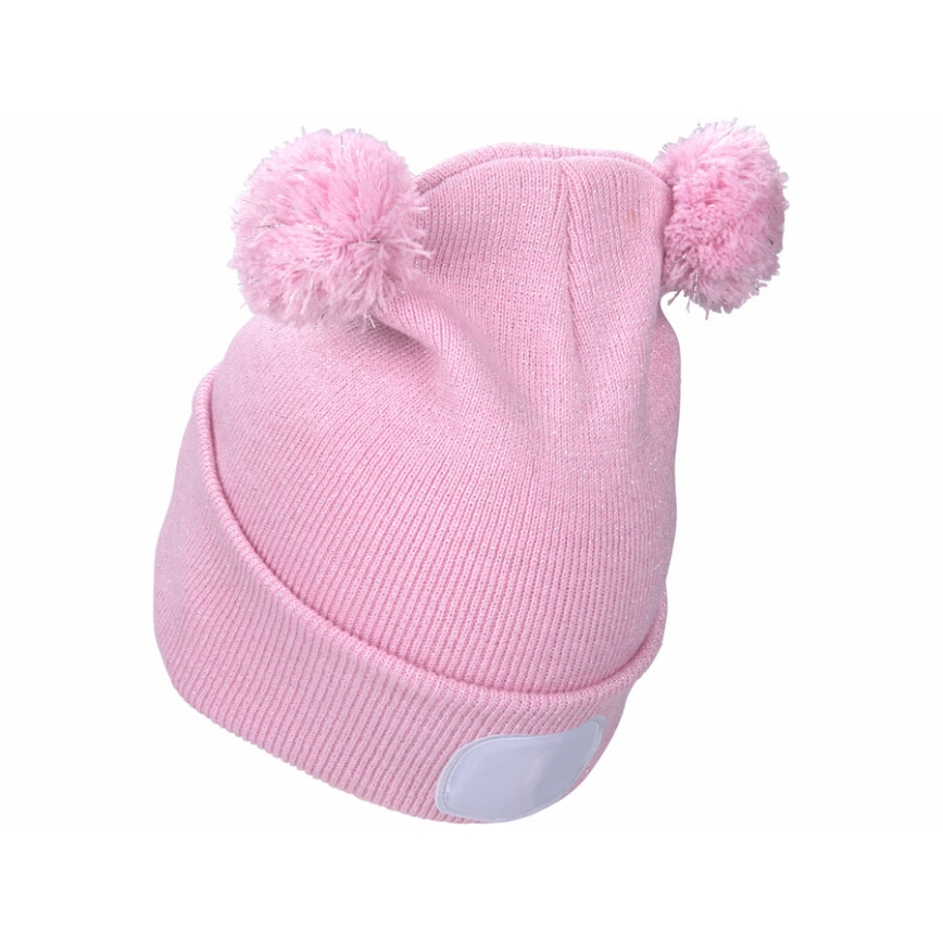 Extol - Barnmössa med pannlampa och USB-uppladdning 250 mAh, rosa med pom-poms, barnstorlek