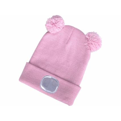 Extol - Barnmössa med pannlampa och USB-uppladdning 250 mAh, rosa med pom-poms, barnstorlek