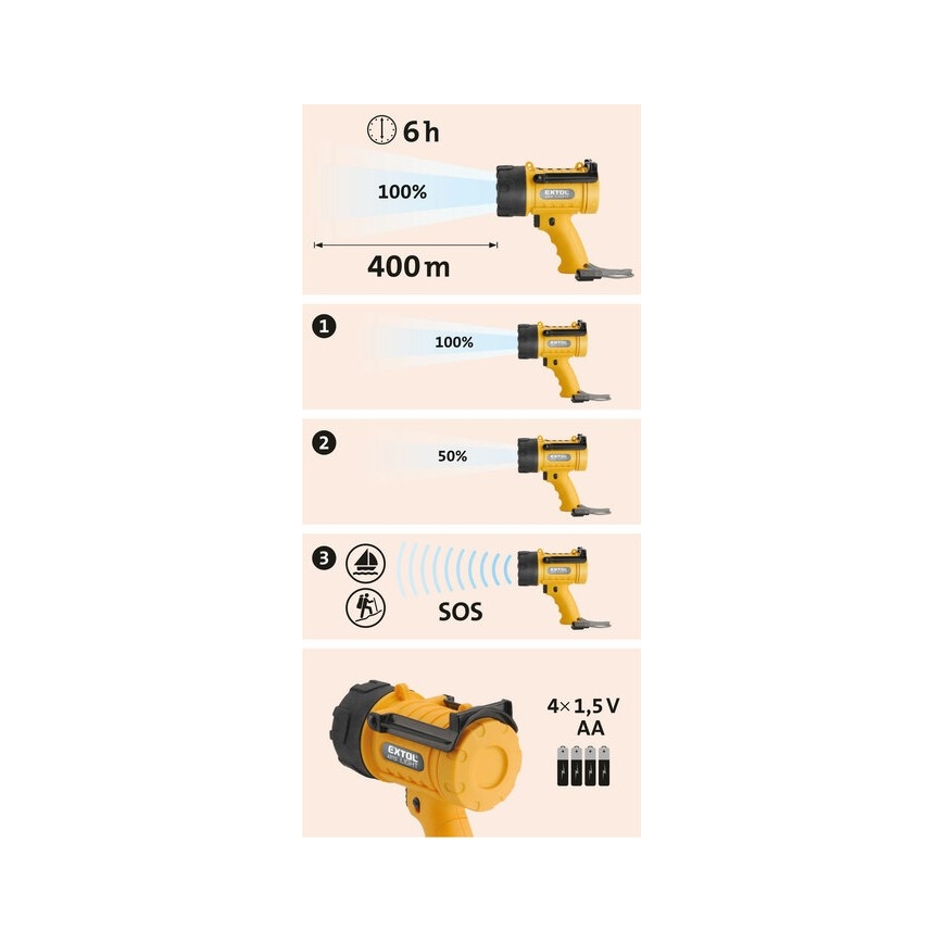 Extol - LED Ficklampa LED/5W/4xAA IP67 gul/svart
