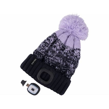 Extol - Mössa med pannlampa och USB-laddning 300 mAh blå/lila med pompon stl. UNI